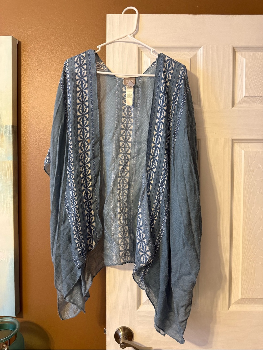 Chico's Boho Blue & White Embroidered Lightweight Kimono L/XL
